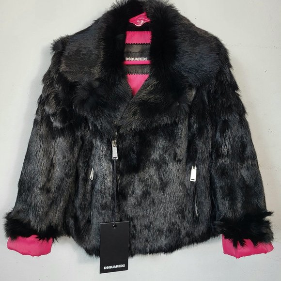 NWT~$1195~DSQUARED2~KIDS 8~BLACK GENUINE LEATHER REAL FUR BIKER MOTO COAT JACKET - Picture 4 of 16